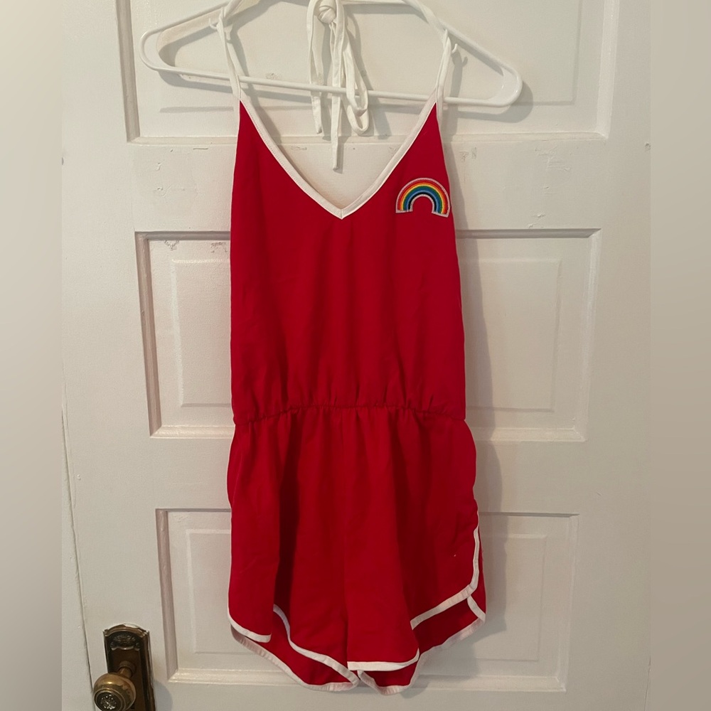 Red Hot Pant Romper with Rainbow Patch